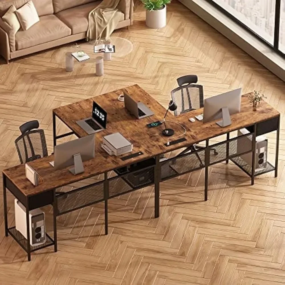 L Shaped Desk with Power Outlets, Computer Desk with Drawer, Reversible Corner Desk with Grid Storage Bookshelf, Home Office