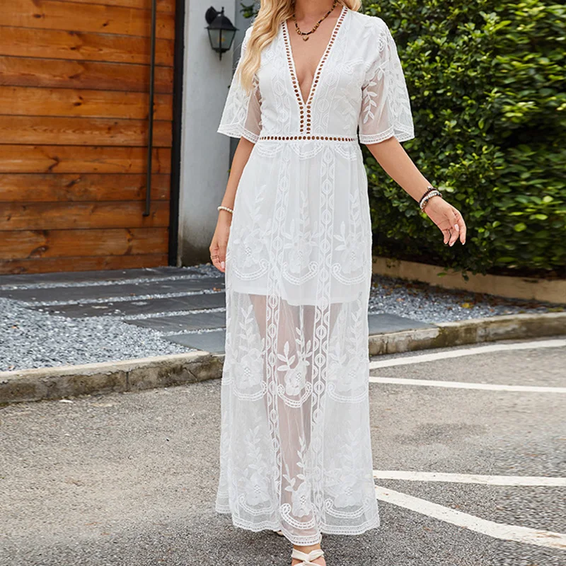 Boho Women's Summer White Lace Long Dress Elegant Short-Sleeve V-Neck Hollow Out Floor Length Beach Sundress Sexy Maxi Dresses