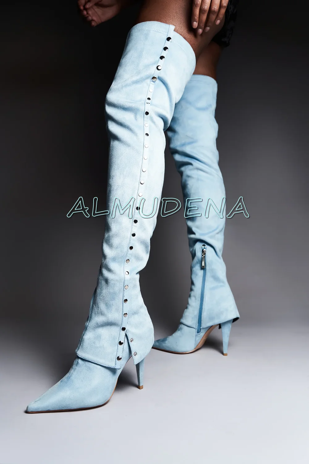 Light Blue Suede Over-knee High Boots Side Zipper Buckls Pointed Toe Thin High Heels Women Stilettos Winter 2025 New Arrivals