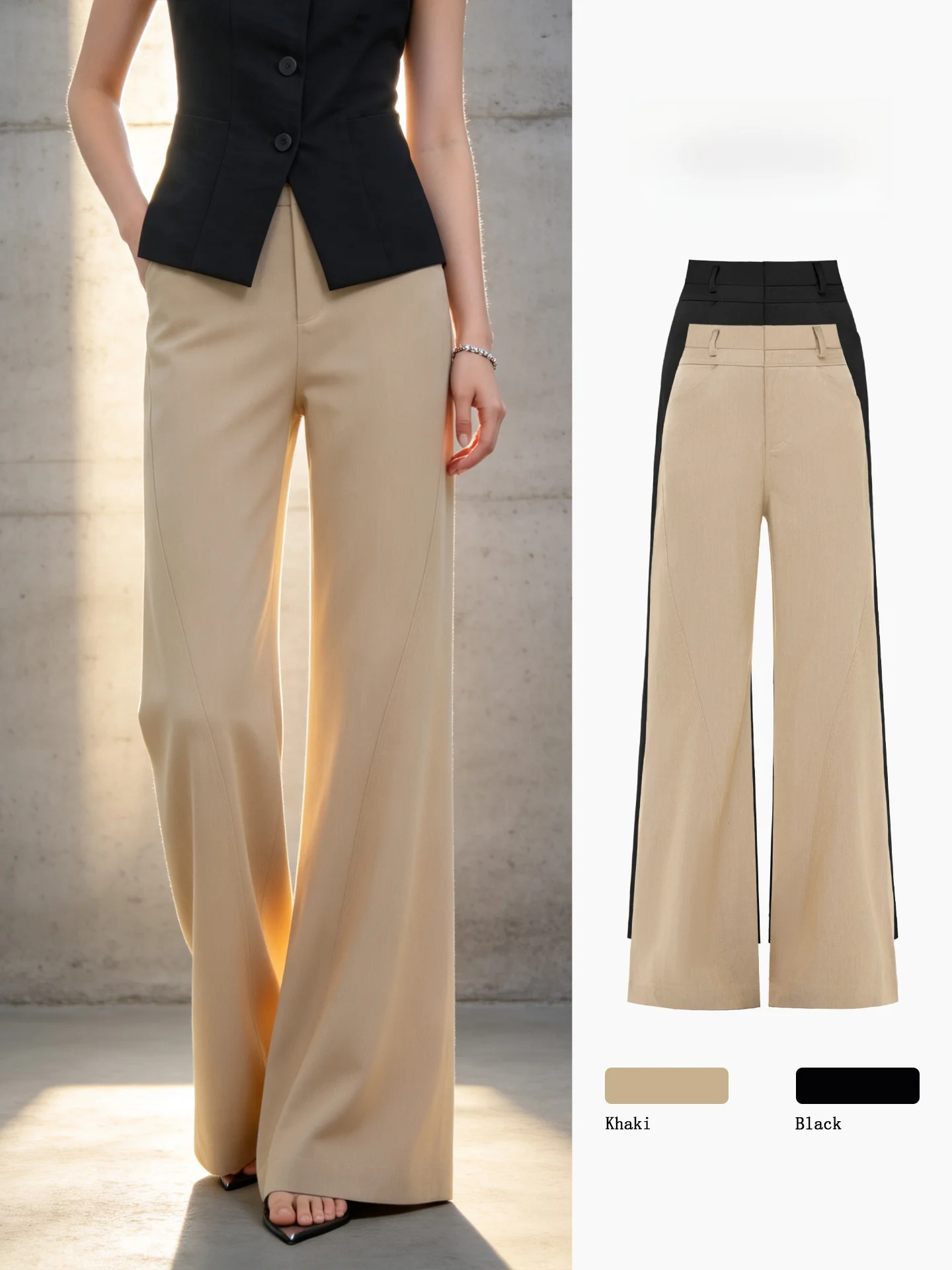 

Khaki Wide Leg Pants High Waist Casual Women's Summer Slimming Drape Short Straight Casual Suit Pants Commute Style Pure Color