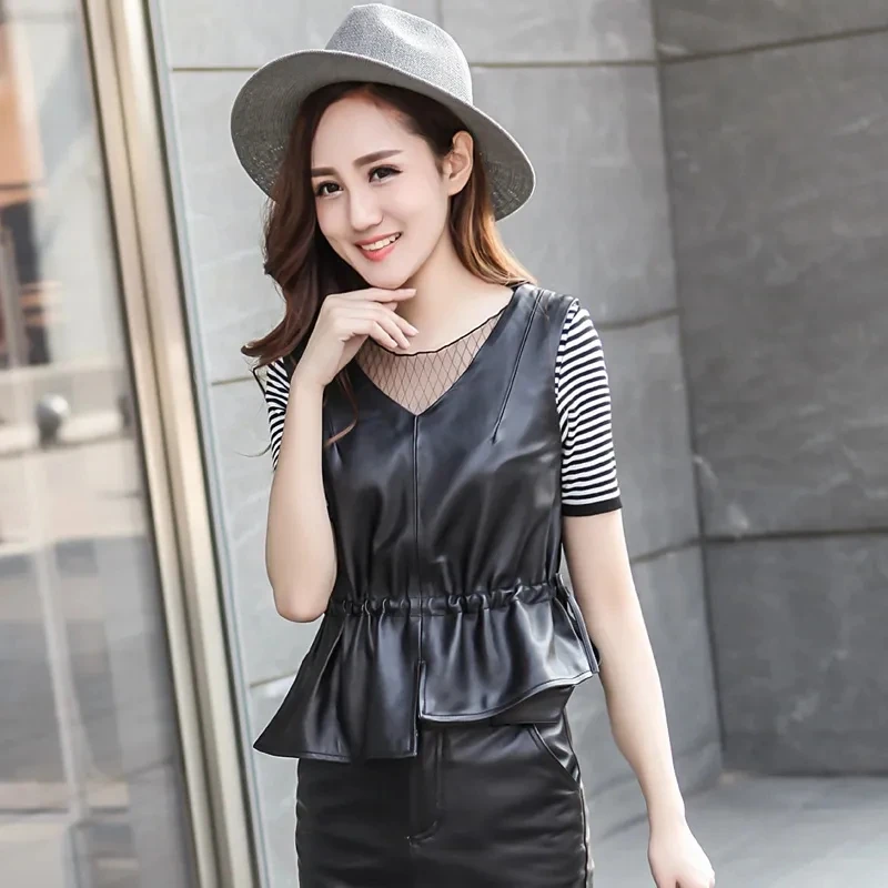 2025NEW Spring Autumn Short Sling PU Leather Vest Women's V-neck Korean Irregular Sleeveless Jacket Black Soft Leather Waistcoat