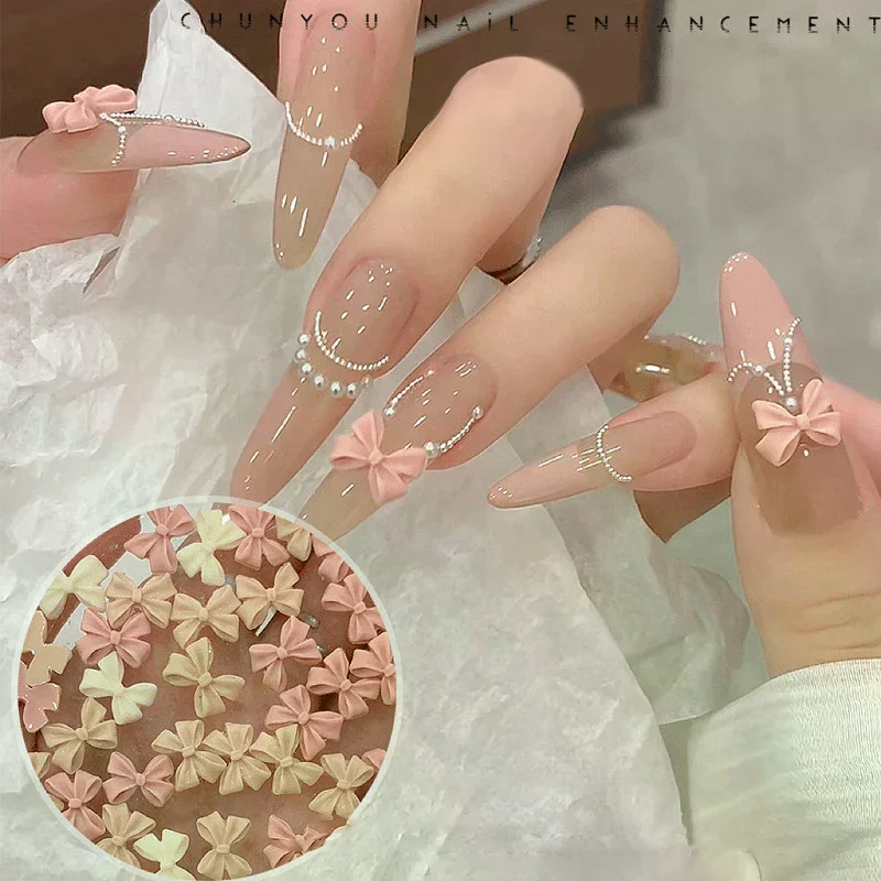 100pcs Mix Cream Style Bowknot Nail Charms 3D Aurora Bow Flat-back Gems Parts Nail Art Manicure Decorations