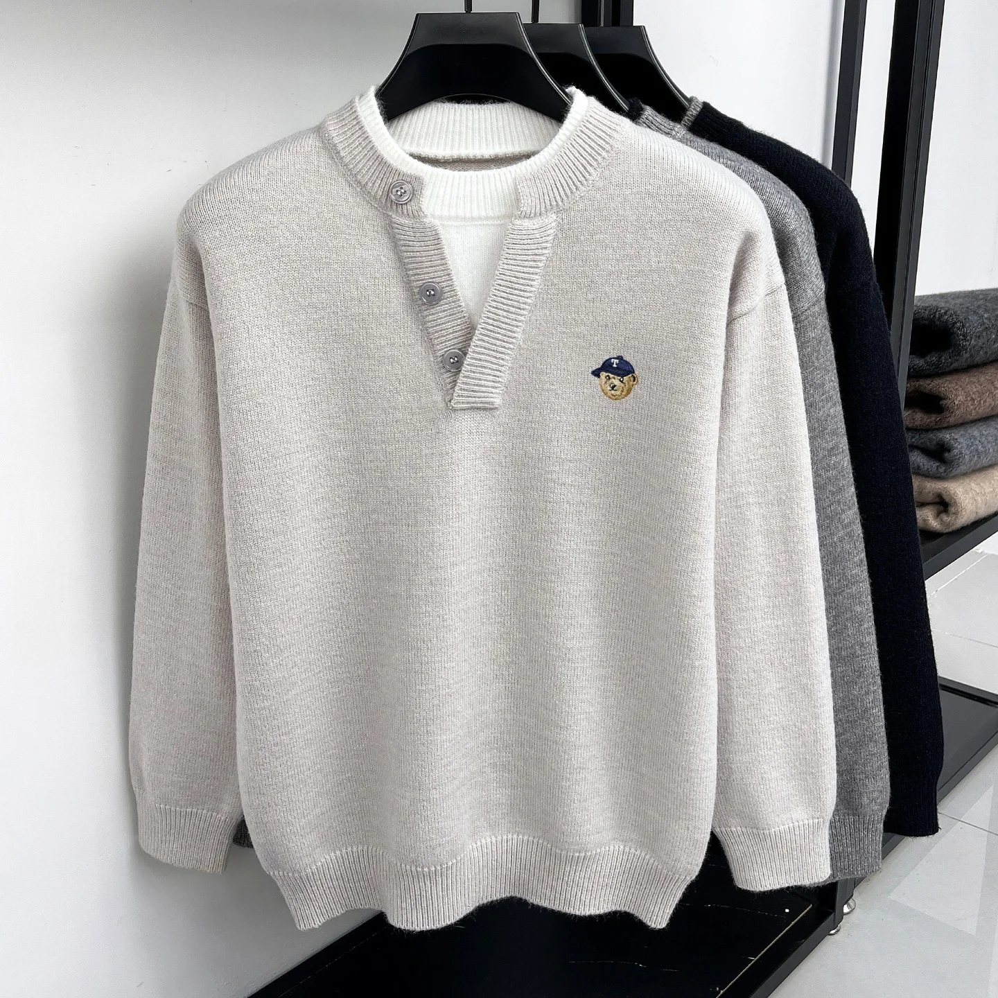 Luxus Männer Stricken Neue Pullover gefälscht Zwei Stück Mode Marke Splice Rund Kragen Freizeit Cartoon Tier Stickerei Oberteile – Detail 8