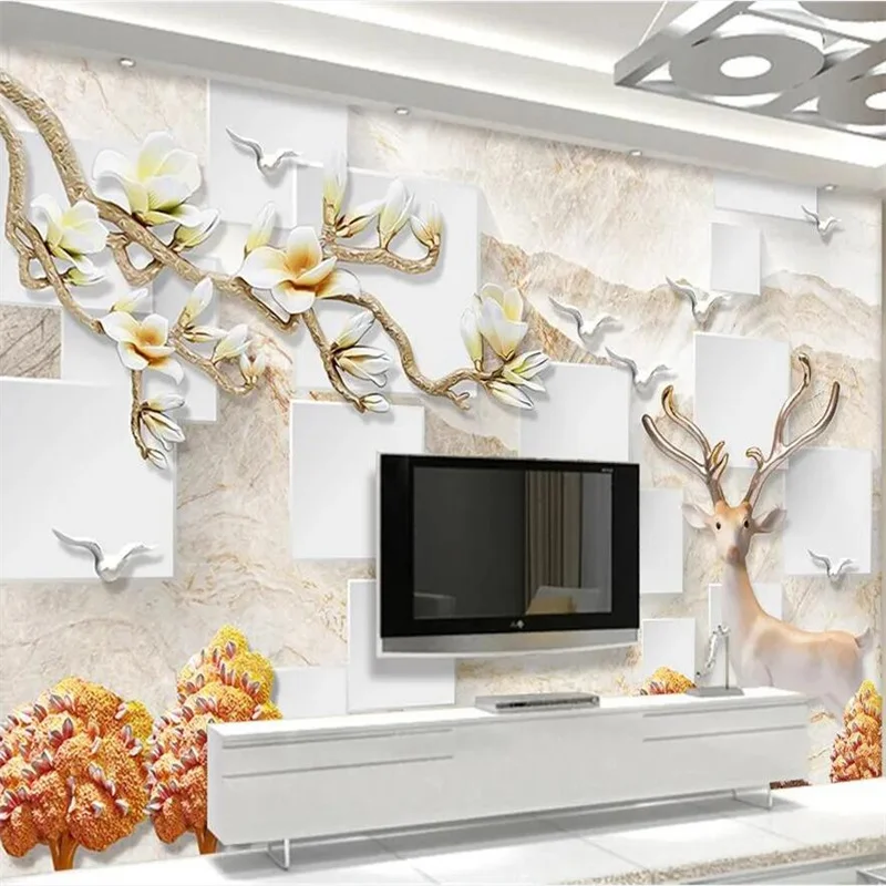 

Customized Wallpaper 3D Magnolia Flower Elk Forest Bird Relief Background Wall papel de pared Living Room Hotel Mural wallpapers