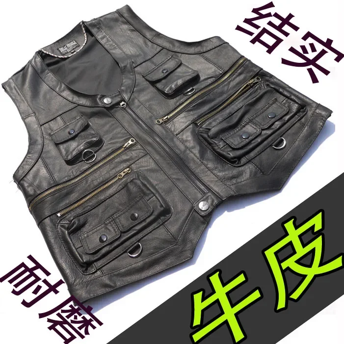 

2024 Men's Leather Multi Pocket Vest V-neck fashion casual leather vest