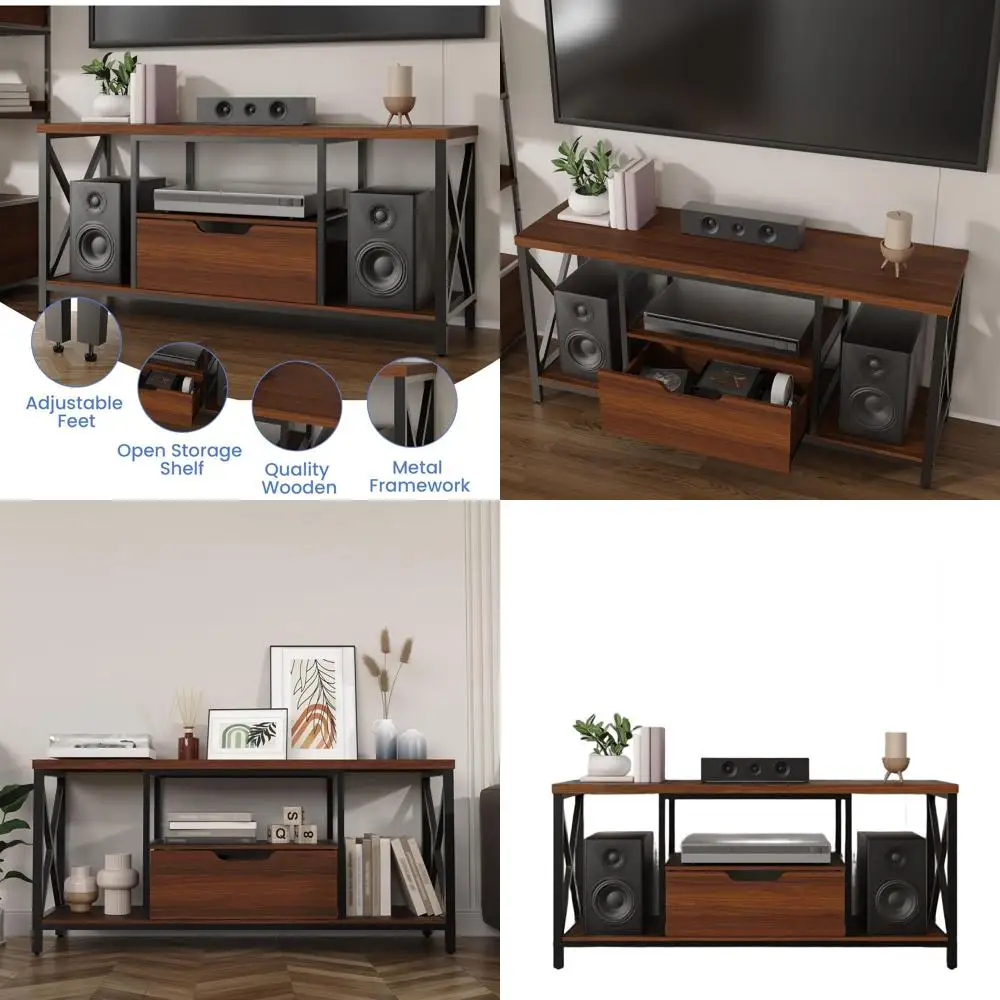 

Industrial 60 TV Stand with Drawers and Open Shelves, Modern Brown Entertainment Center for Living Room