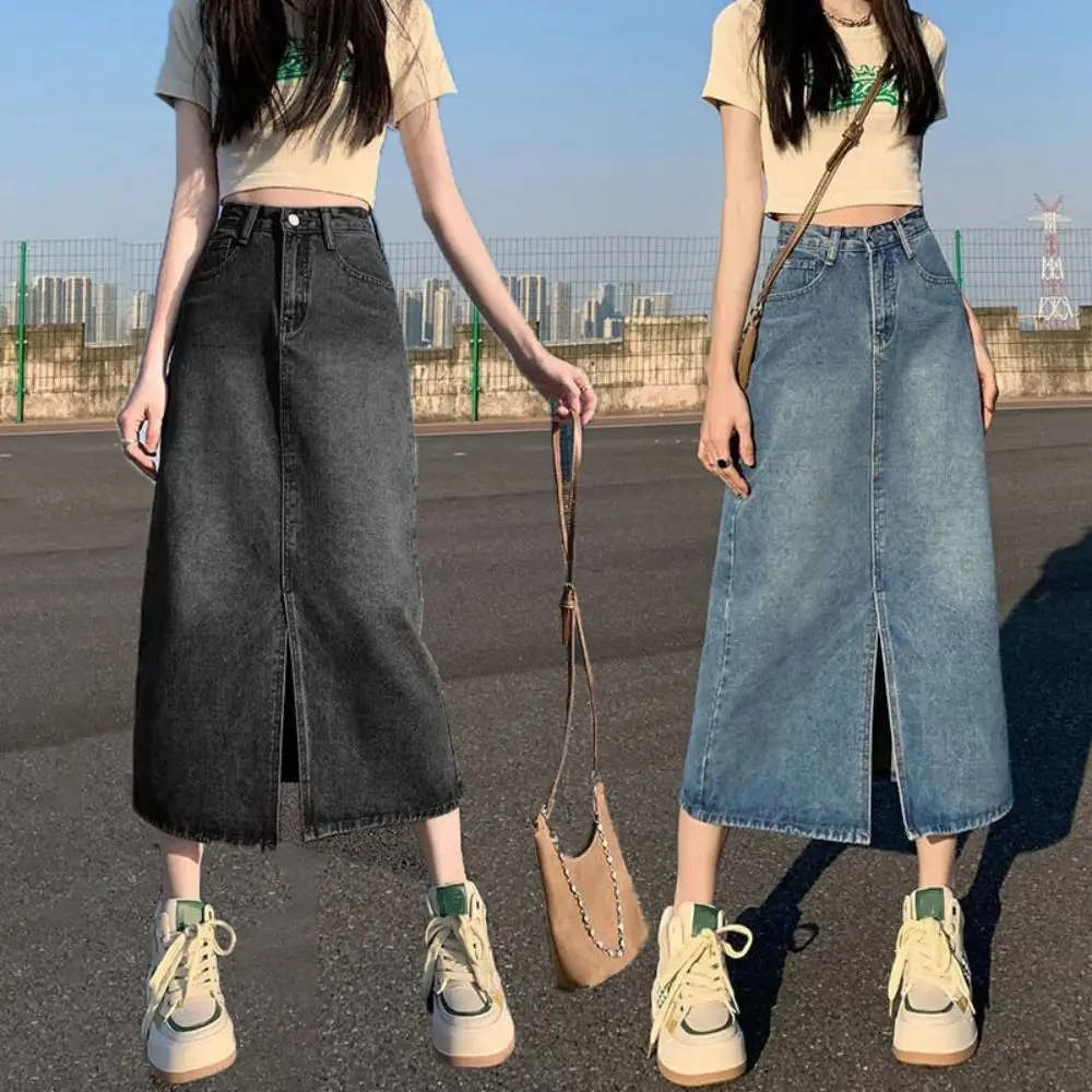 

Fashion Split Women's Denim Skirts Elastic Solid Color Split Jeans Skirts Simple Streetwear Y2k Half Dress Beach