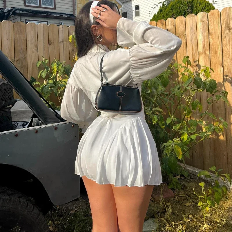 موضة قميص طوق فستان مطوي المرأة الصلبة مثير سليم زر كم طويل فستان قصير 2025 الخريف جديد ملابس نادي الحفلات