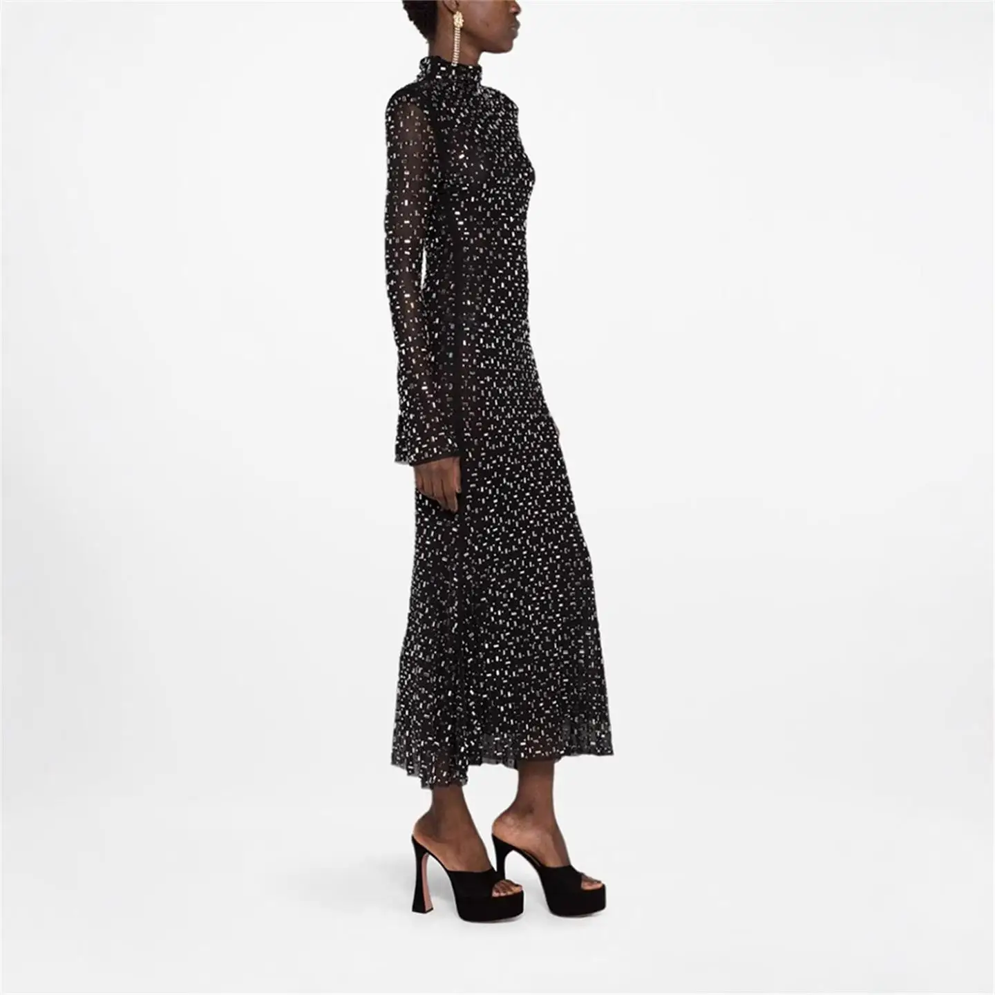 Ele Bla Me Dr avec strass Heat-Sed Long Sves Taille haute Conception amincissante Faionable Ci Walk Robe