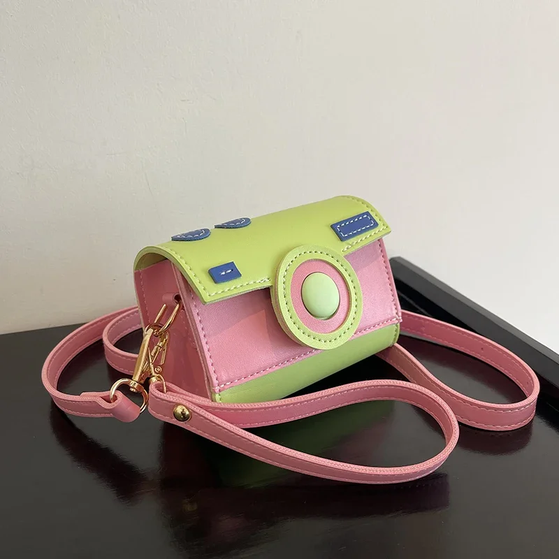 2025 Spring Shiny Contrast Color Crossbody Bag Lady Girls Cute Camera Shape Mini Bag Fashion Lipstick Pouch Cross Body Phone Bag