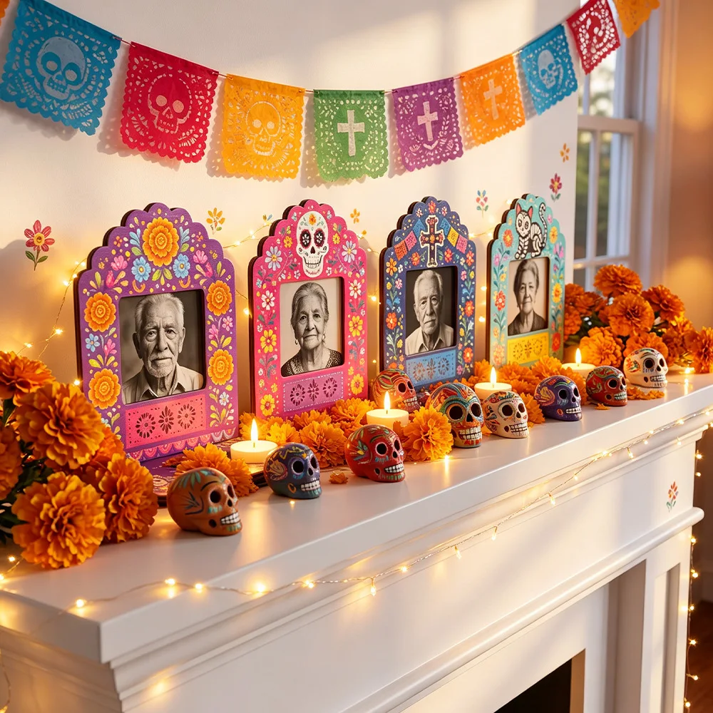 Dia De Los Muertos Altar Shadow Box, Day of The Dead Decor with Artificial Marigold & Skull, Wooden Memorial Photo Frame Display