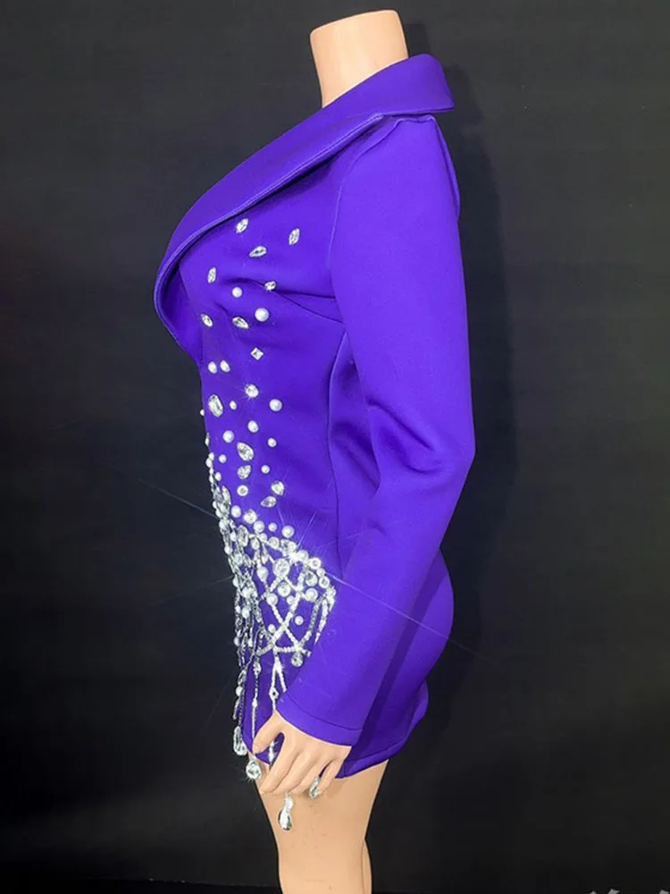 High Quality Rhinestone V-Neck Slim Fit Purple Suit Skirt 2024 New Fashion Custom Women'S Clothing