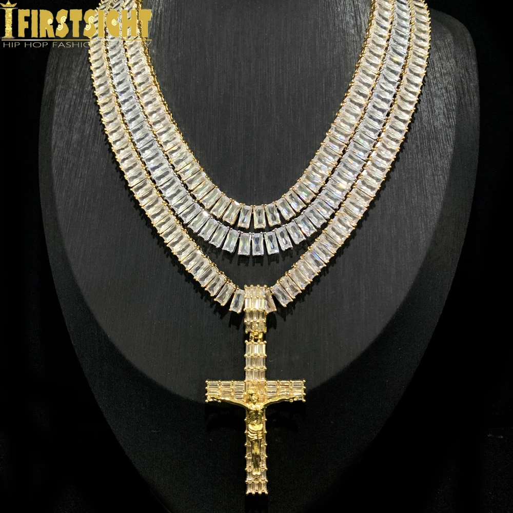 

New Iced Out Jesus Cross Pendant Necklace For Men Women 8mm Tennis Chain Bling Geometric Zircon Religion Hip Hop Luxury Jewelry