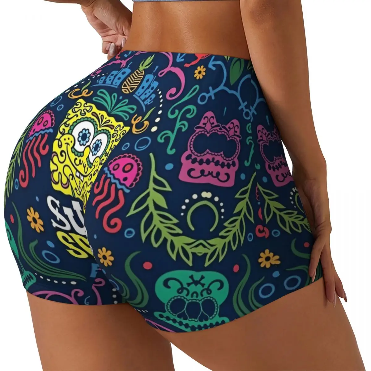 SpongeBobed Anime Cartoon Workout Shorts for Women Scrunch Butt Lifting High Waisted Yoga Gym Booty Cycling Athletic Shorts