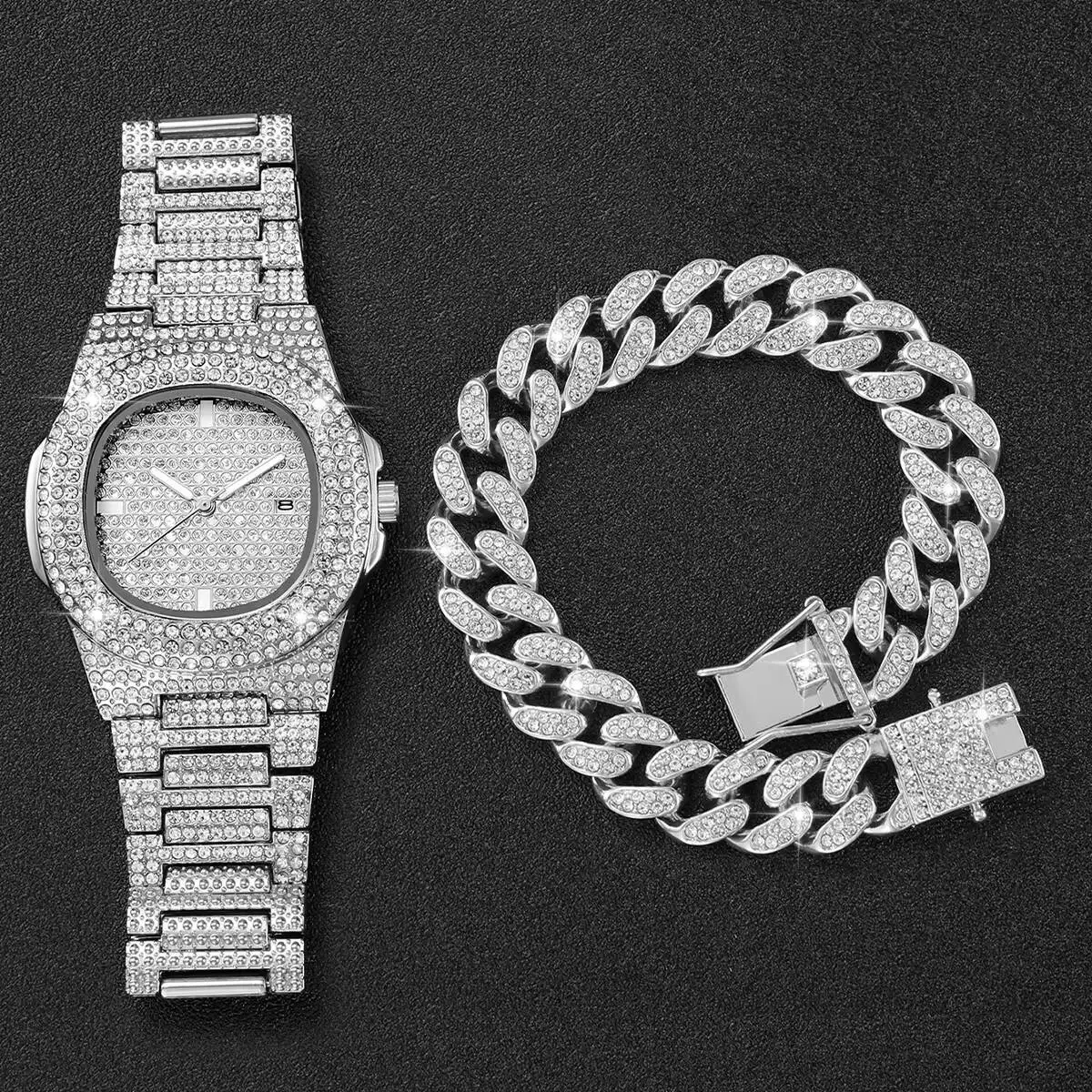 ساعة يد كوارتز بالماس بالكامل للرجال مع تقويم ، فولاذ مقاوم للصدأ ، ساعات رياضية للرجال ، فاخرة