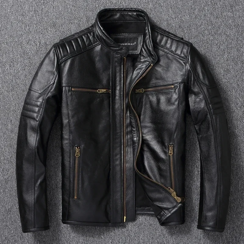 

New 2024 Mens Cowhide Coat,black Genuine Leather Jacket,slim Cool Biker Cloth.Casaco Para Motociclos Jackets for Men