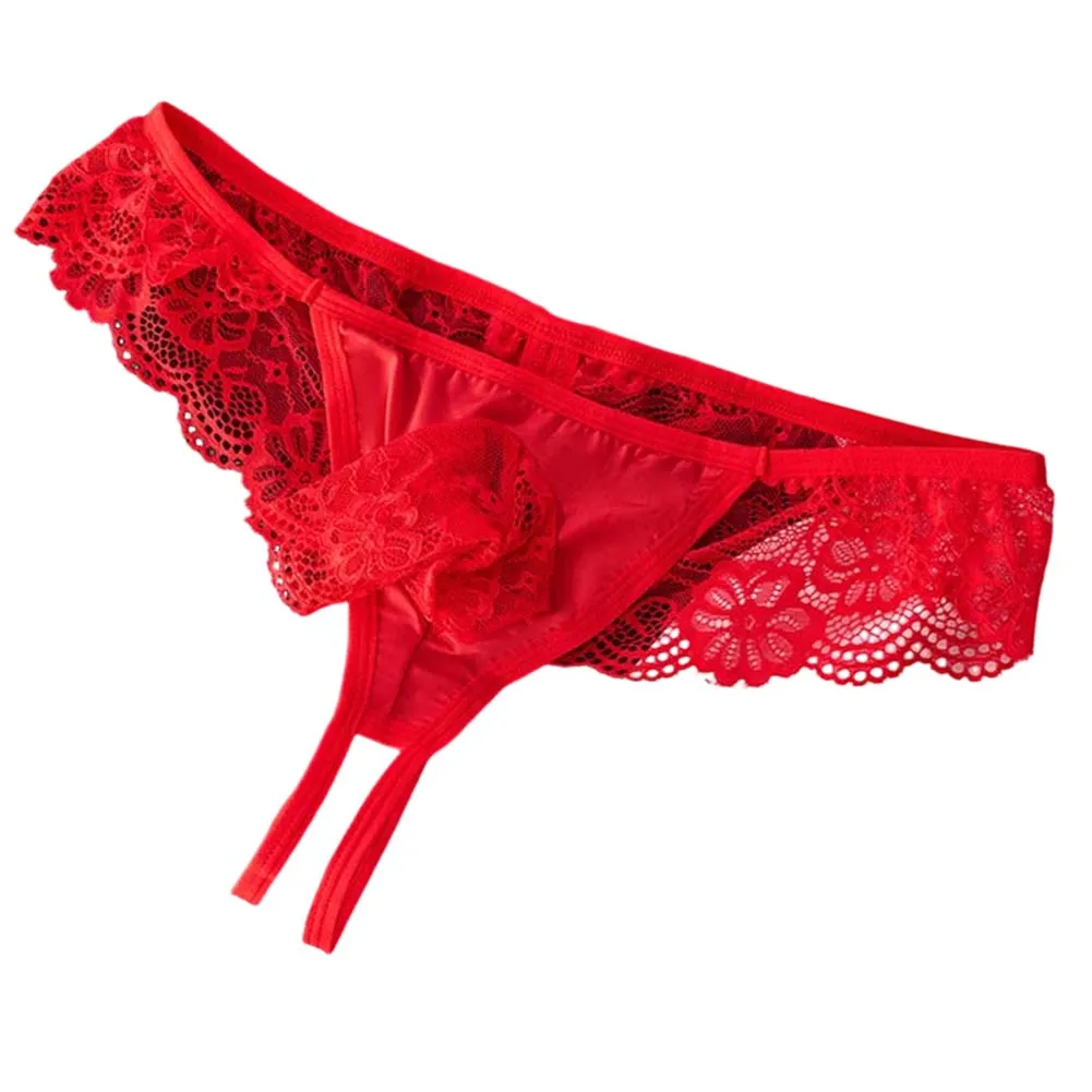 Men  Underwear Bow Lace Mesh Sheer G-String T-Back Solid Bikini Low Waist Extreme Men's Panties Sissy Thongs Very Hot Lingerie