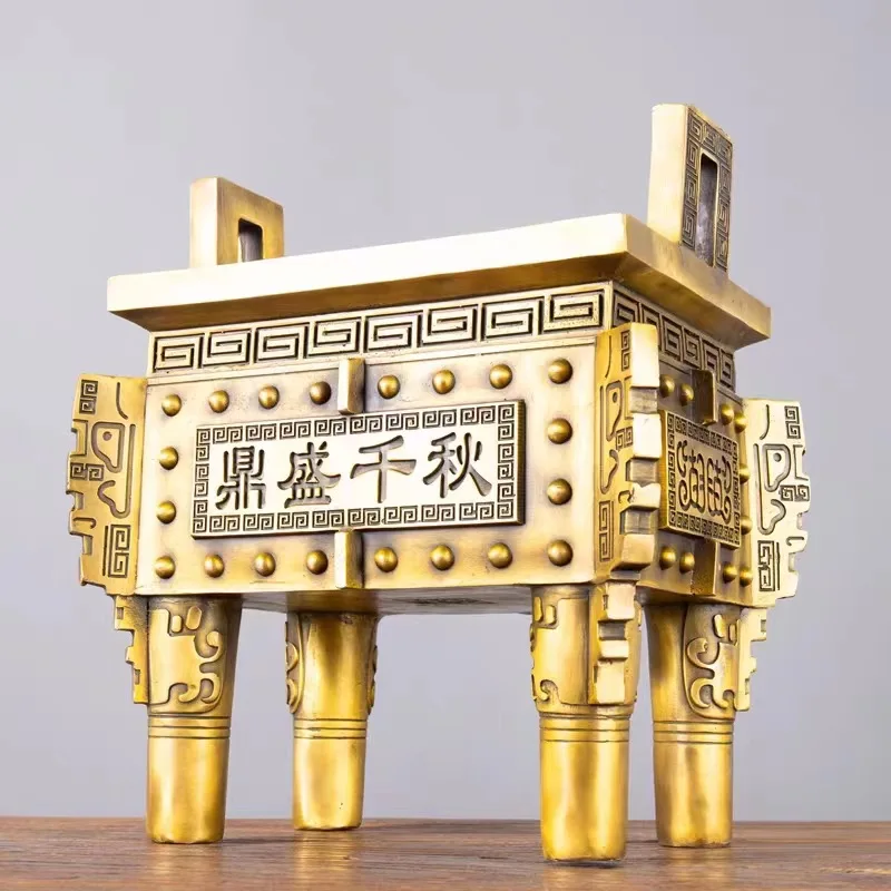 

Pure Brass Incense Burner Square Tripod Ornament Office Bronze Tripod Prosperity Home Worship Opening Ceremony Gift