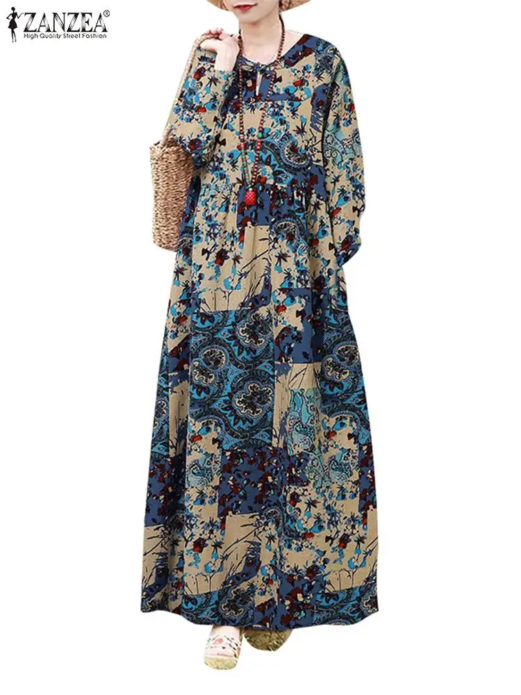 ZANZEA-Vestido largo de manga larga con cuello redondo para mujer, traje holgado estilo caftán con estampado Floral, Estilo Vintage, para fiesta y otoño, 2024