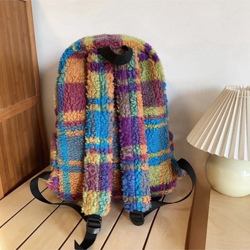 Color Plush Backpack Winter Schoolbag Girls High School College Students Large Capacity Leisure Backpack Men Wholesale