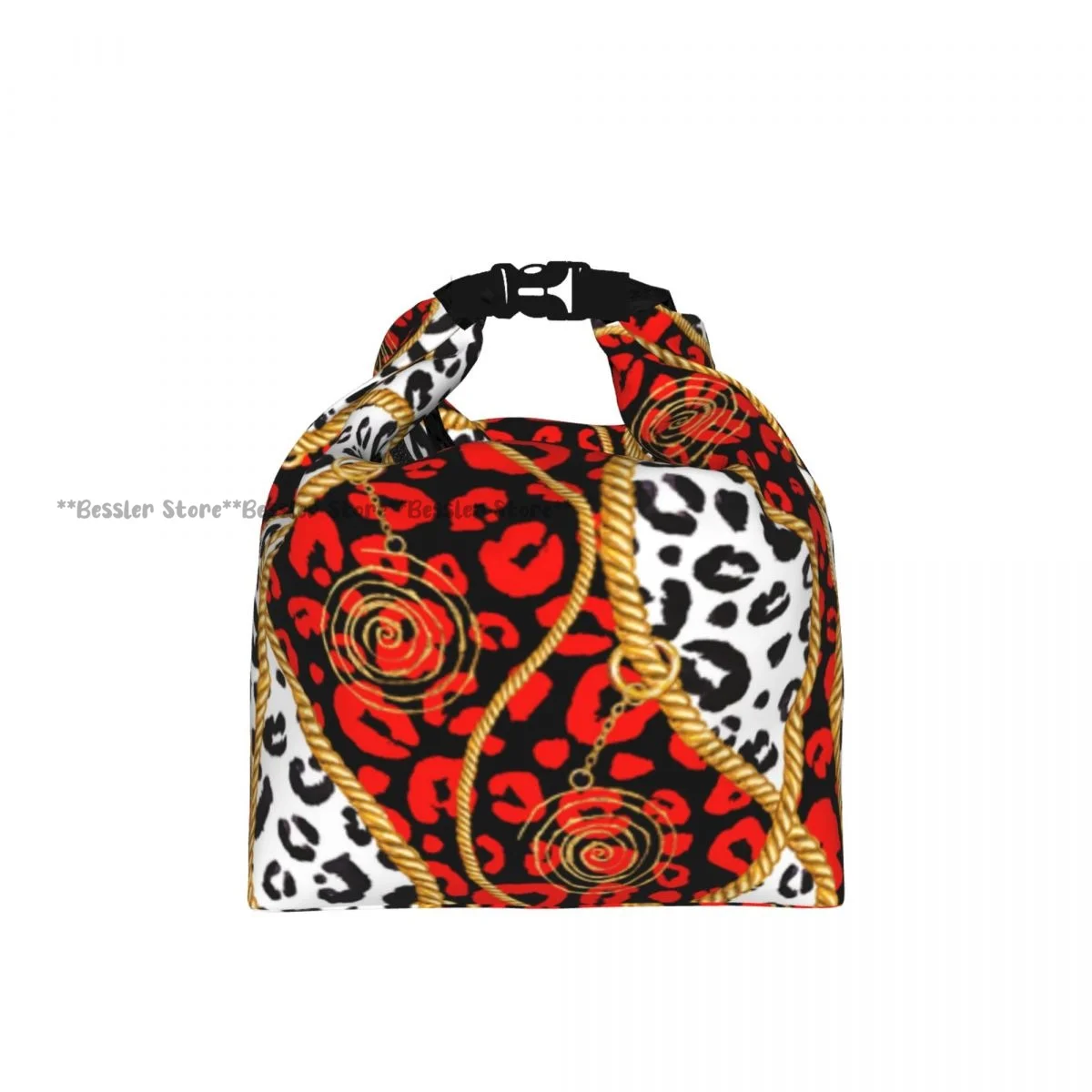 Portable Roll-top Insulated Cooler Lunch Bag Chain Glamour Leopard Cheetah Pattern Thermal Food Bag for Travel Outdoor Camping