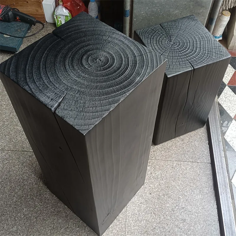 Muelle de troncos negro, adorno de muelle de madera cuadrado para alojamiento en familia, taburete bajo redondo de madera maciza para el hogar