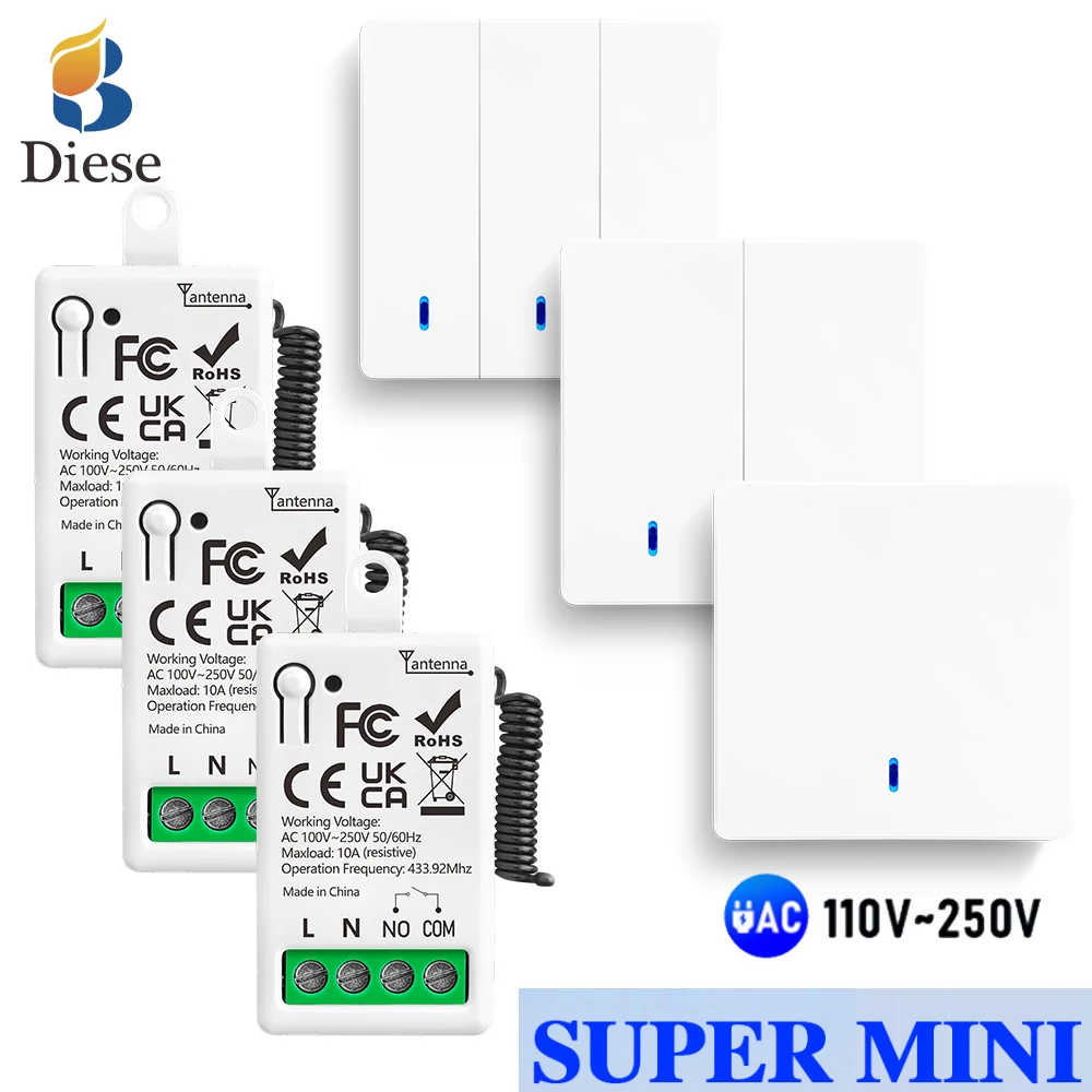 RF433MHz Wireless Smart Home Light Switch with 86 Wall Panel Remote Control Mini Relay Receiver AC110V 220V Home LED Light Fan