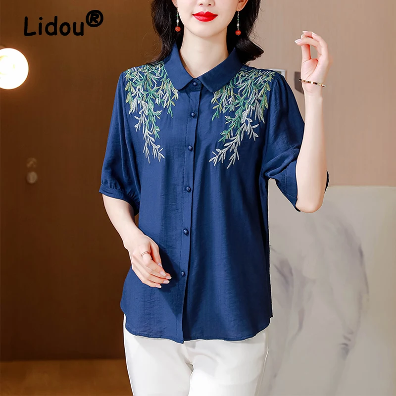 Women Fashion Vintage Embroidered Button Up Shirt 2024 Summer Elegant Cotton Linen Blouse Female Casual Short Sleeve Loose Tops