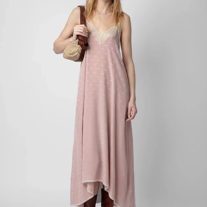 

Zadig Lace Long Dress Women Summer V-Neck Classic Wing Robes Chic Jacquard Casual Spaghetti Strap Fashion Pink Female Dresses