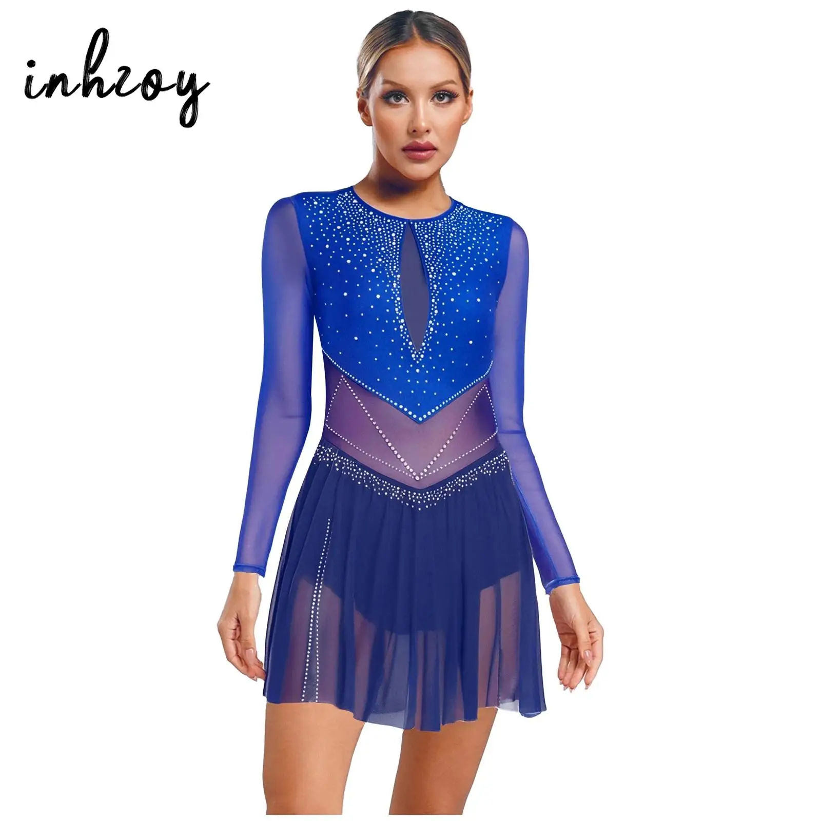 

Women Color Block Figure Skating Lyrical Dance Dresses Round Neck Long Sleeve Shiny Rhinestones Sheer Mesh Dress for Performance