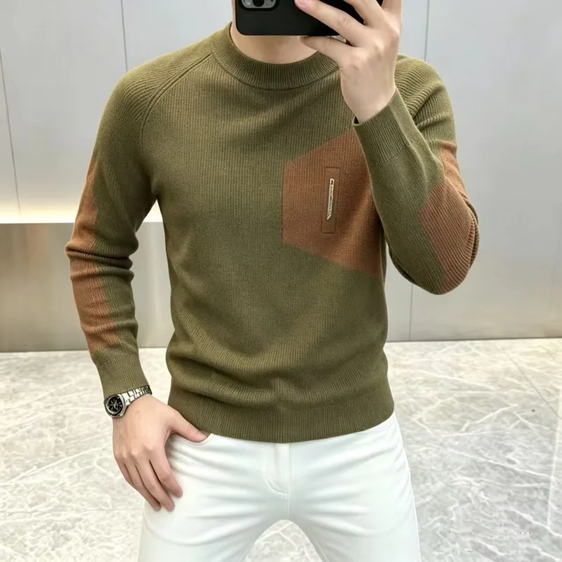 Autumn Winter Splicing Long Sleeved Knitted Sweater for Men Slim Fit Round Neck Casual Pullover Versatile Business Knitwear Top