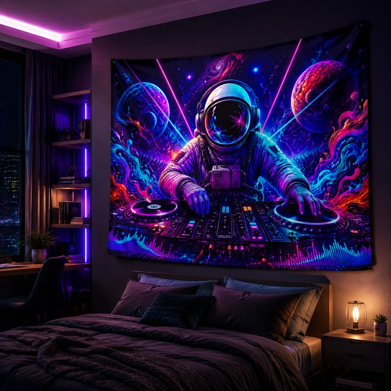 VIKAMA Cyber Space Tapestry, Cool Astronaut DJ Mixing Console Vinyl Record Soft Wallcovering, Neon-Style Home Decor