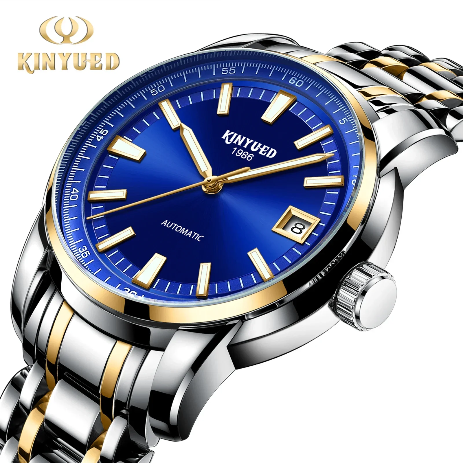 KINYUED Men Blue Watch Fashion Luxury Automatic Mechanical StainlessSteel Waterproof Wrist Watches Male Clock Relogio Masculin