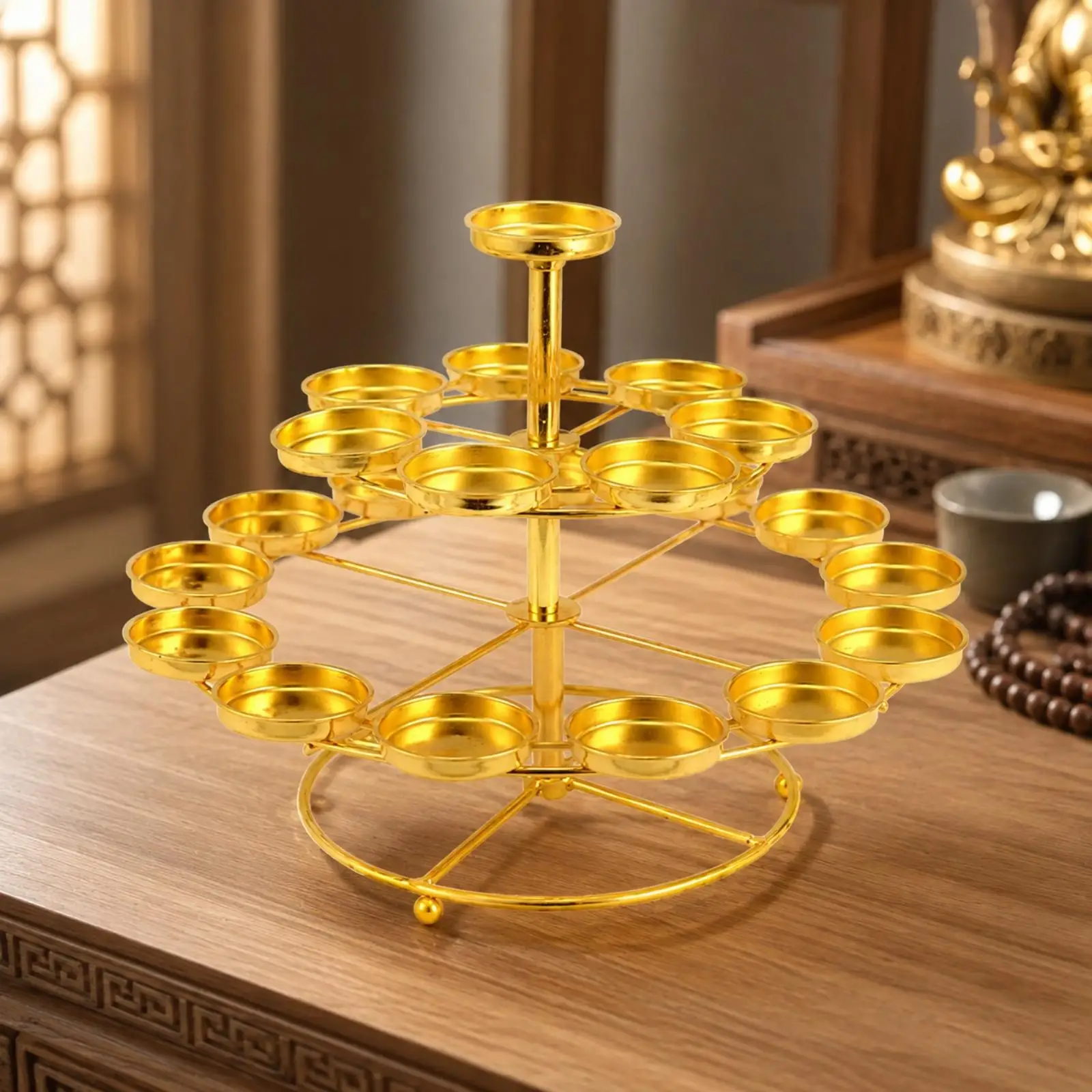 Three-Tier Roundwick-Lamp Offering Holder Multi-Level Alloy Devotional Lamp Holder with Gold Finish for Temples, Prayer Places,