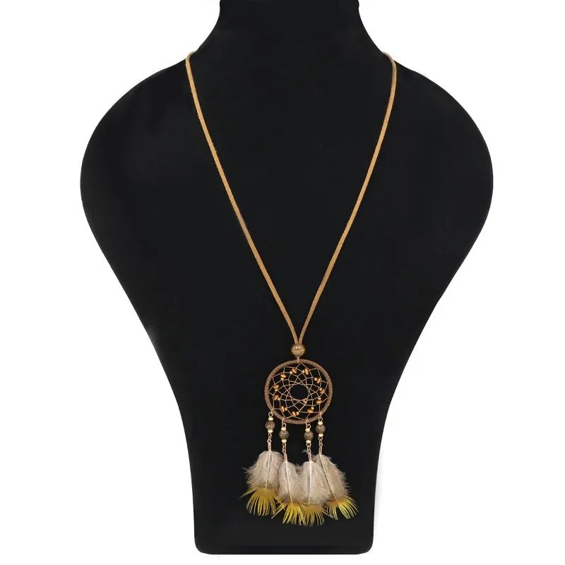Bohemian Vintage Ethnic Style Feather Necklace Handmade Women Dream Catcher Necklace Long Accessories Choker Necklace