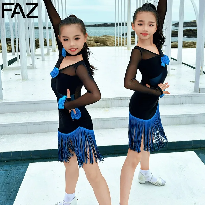 فستان ممارسة بدلة الرقص اللاتينية المخصص للفتيات فستان أداء المنافسة المهنية شبكة سوداء مجموعة شرابة الأزهار الزرقاء