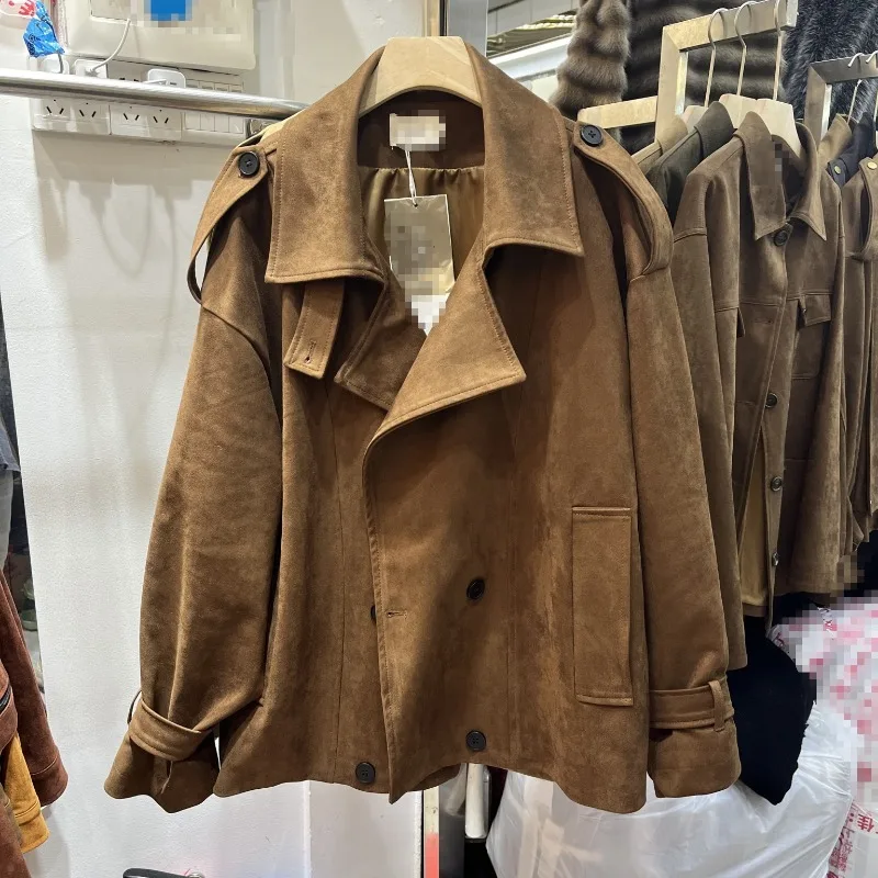 

2025 Fall/Winter New Solid Color Jacket Spring and Autumn Loose and Versatile Retro Fashionable Suede Trench Coat Jacket