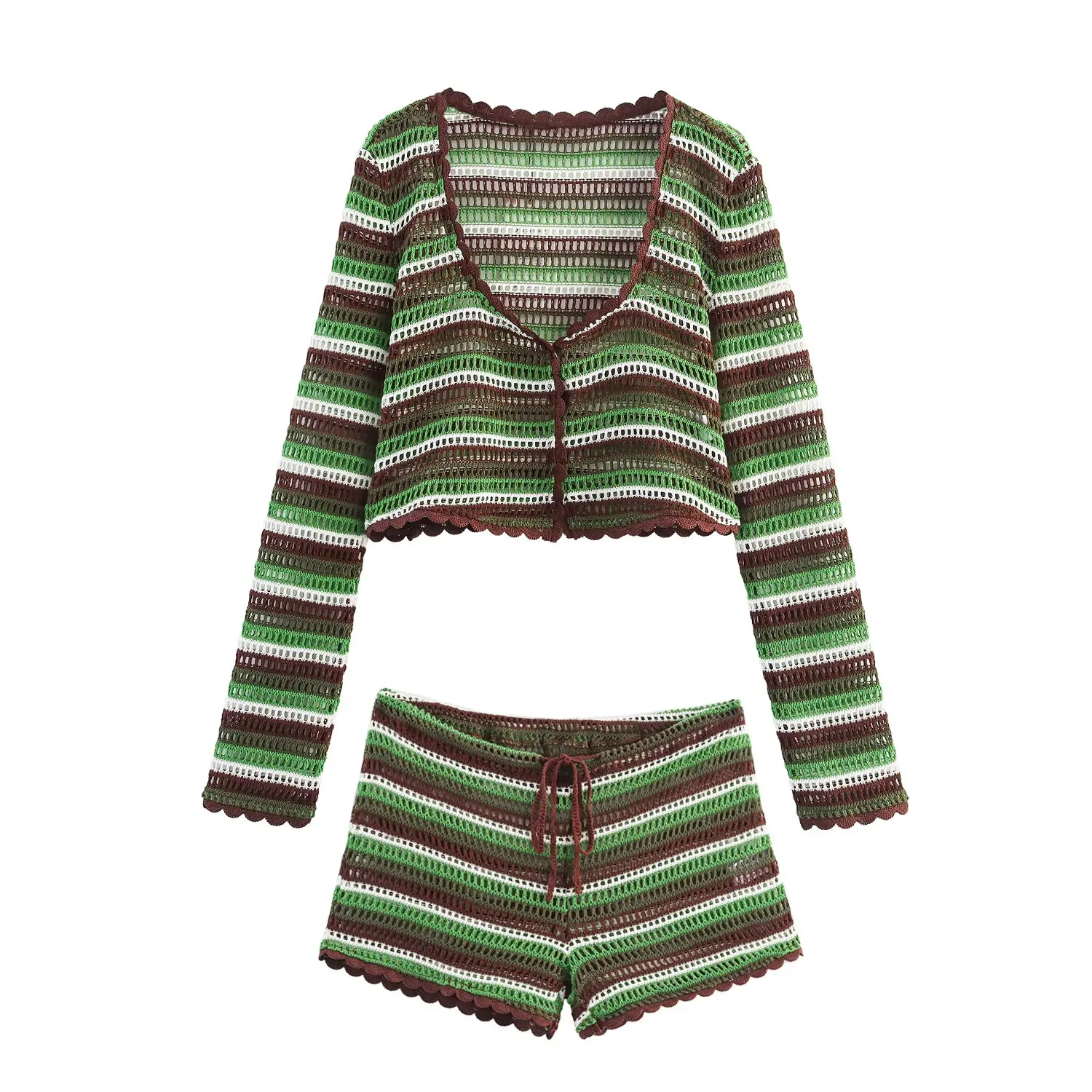 

Topenomi Vintage Hollow Hook Flower V Neck Knit Cardigan Women 2025 Autumn Striped Contrast Color Slim Fit Long Sleeve Sweater