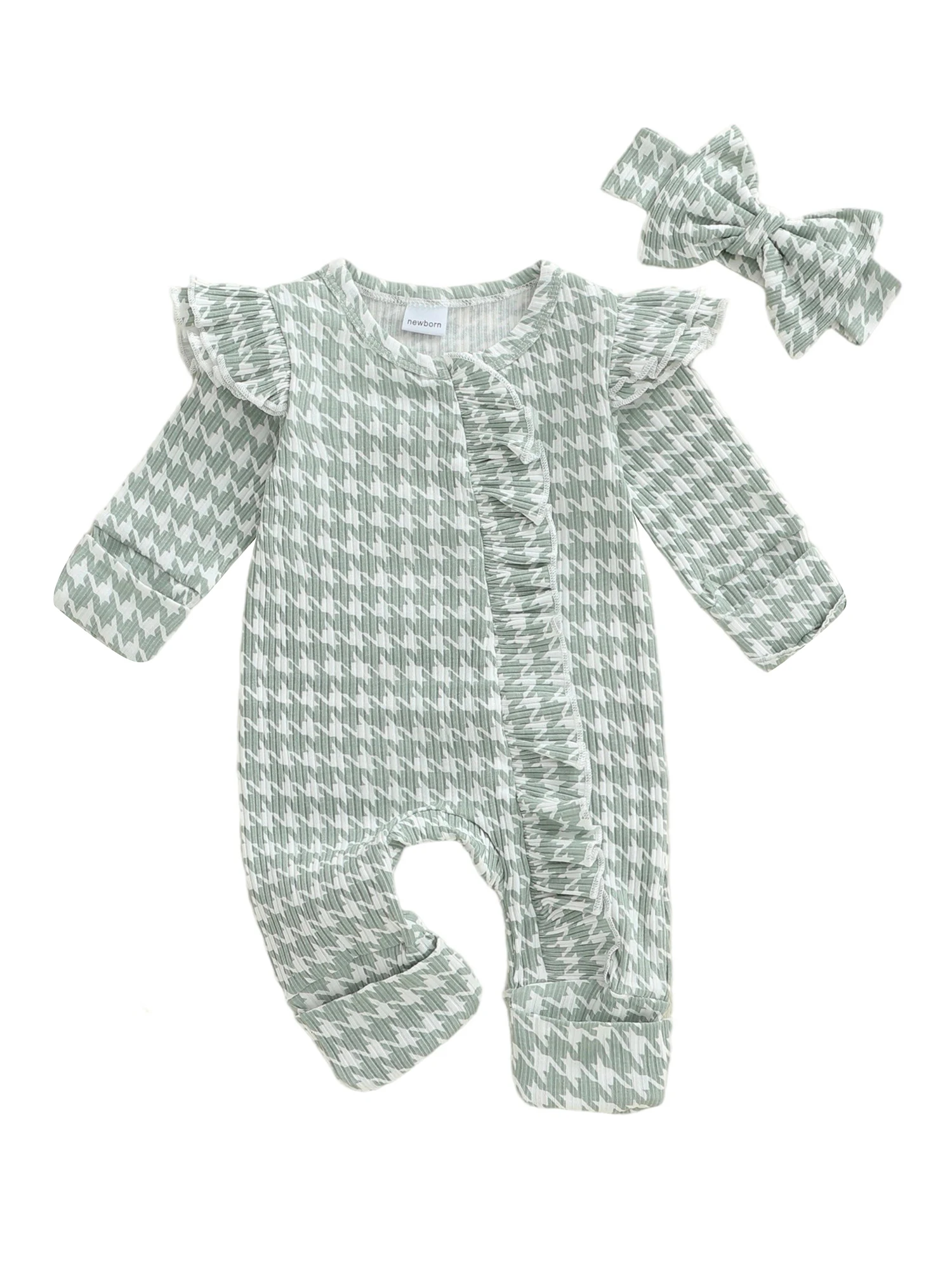 

Стильный комбинезон с цветочным принтом для маленьких девочек, рукавами с рюшами и подходящей повязкой на голову для модного образа