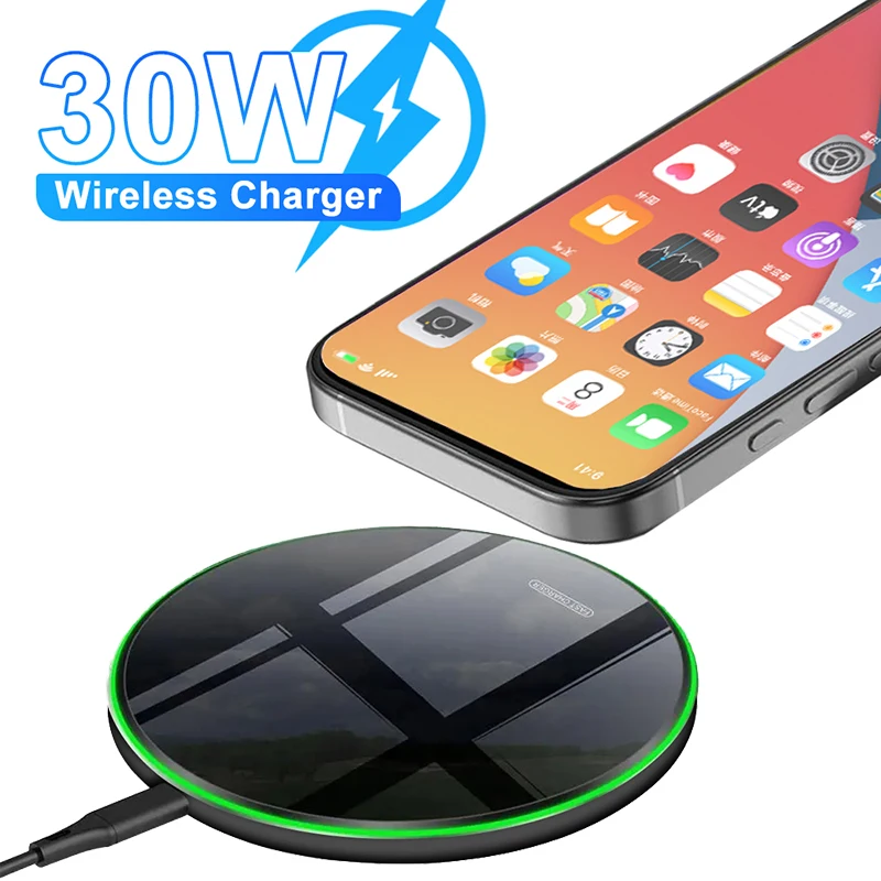 30W Fast Wireless Charger Pad For iPhone 16 15 14 13 12 Pro Max Samsung Galaxy S24 S23 S22 S20 Xiaomi Wireless Charging Station