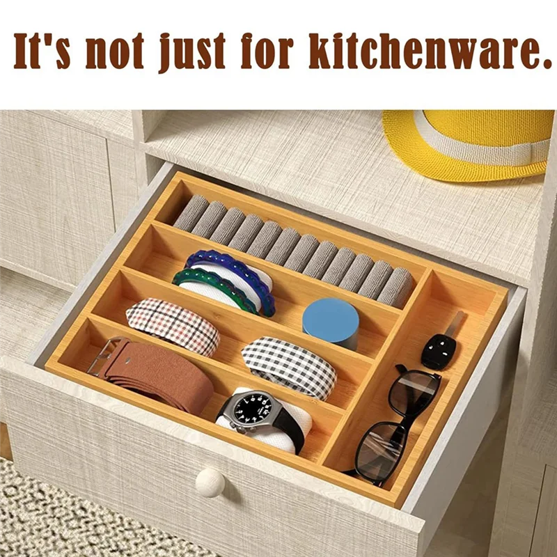 

A74E-Bamboo Cutlery Silverware Tray Divider Storage Tray Rack Storage Box 5 Compartment Tray Kitchen Drawer Storage Rack