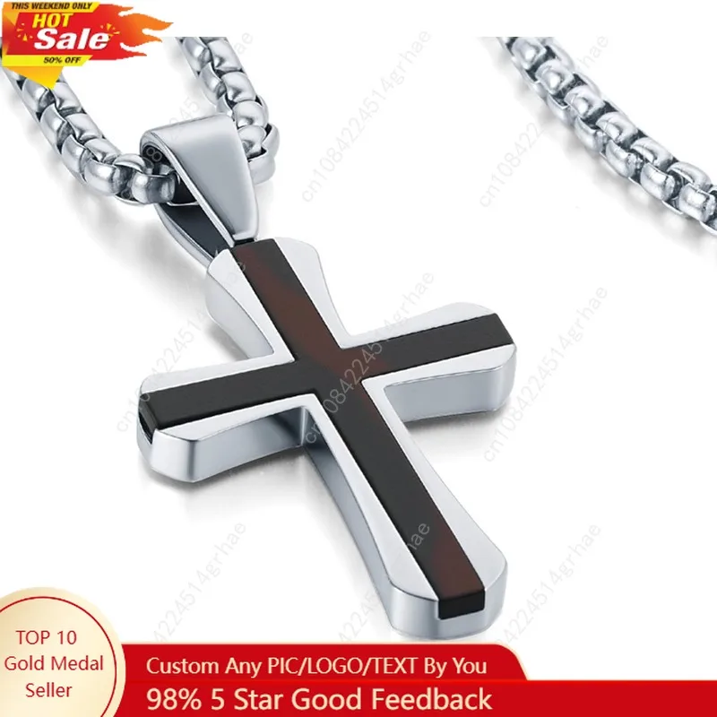 

Cross Necklace for Men, Mahogany Ebony Titanium Steel Cross Pendant Necklace For Men, Box Chain 16-24 Inch