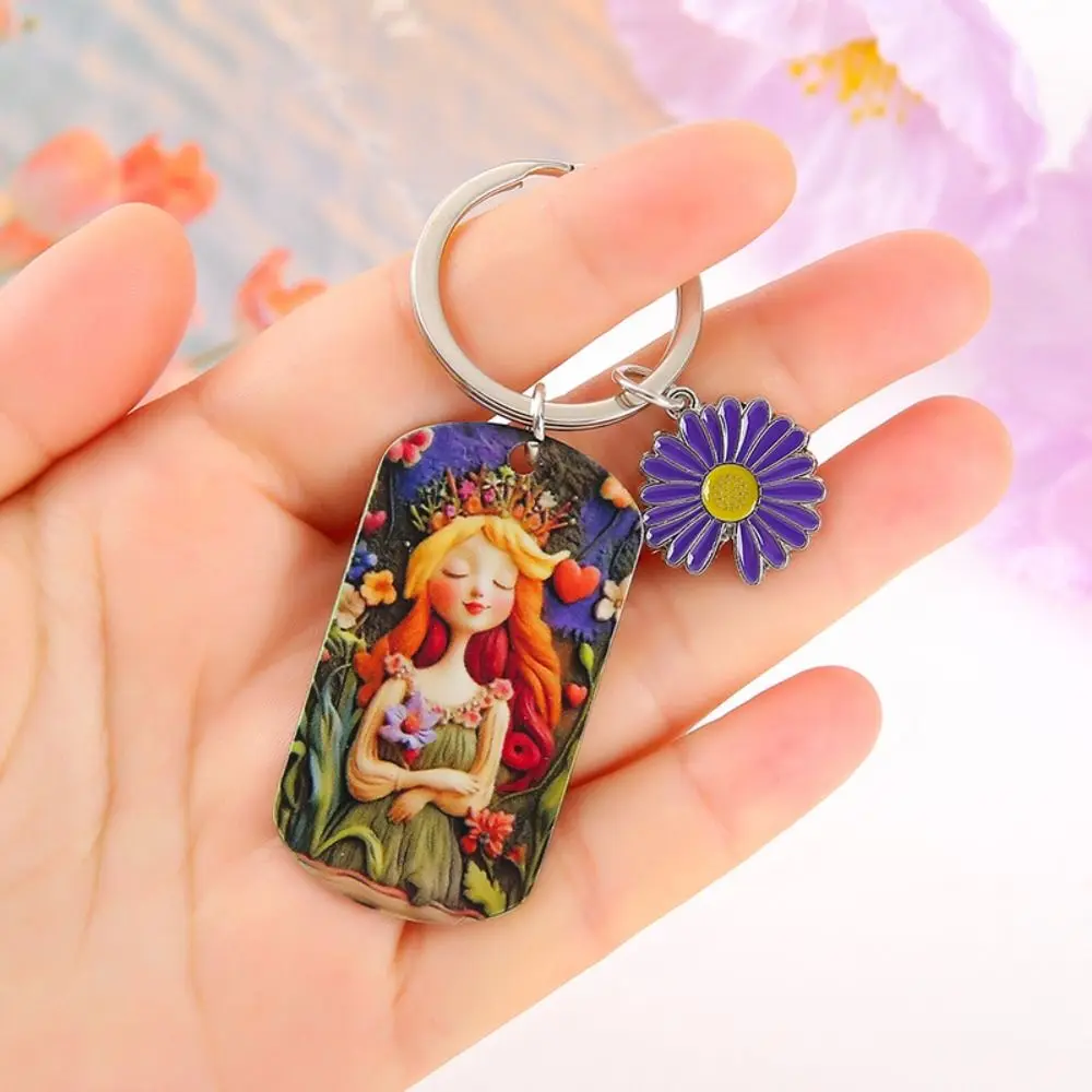 Sunflower Girl Stainless Steel Keychain Oil Painting Girl Metal Bag Decorations Born in The Sun Engraved Bag Pendant Women