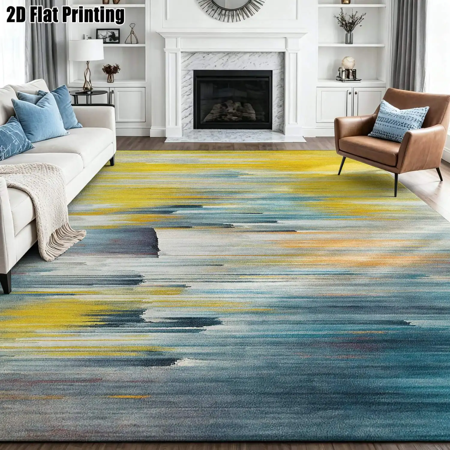 1Pc 2D Printed Nordic/Instagram Style Abstract Geometric Striped Carpet, Yellow Blue Art Pattern, Machine Washable, Multi-Size, Home Decor for Entrance, Dining, Foyer, Bedroom, Living Room Floor Mat