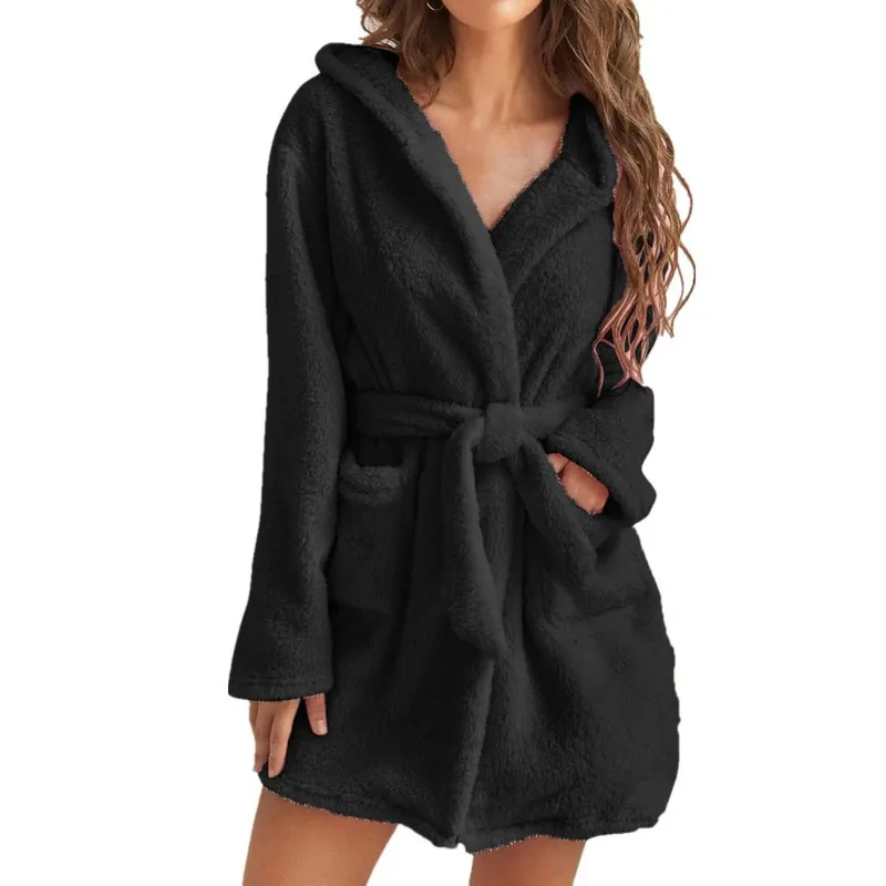 Popular women's 2023 autumn and winter warm plush lace up cardigan hooded mid length jacket