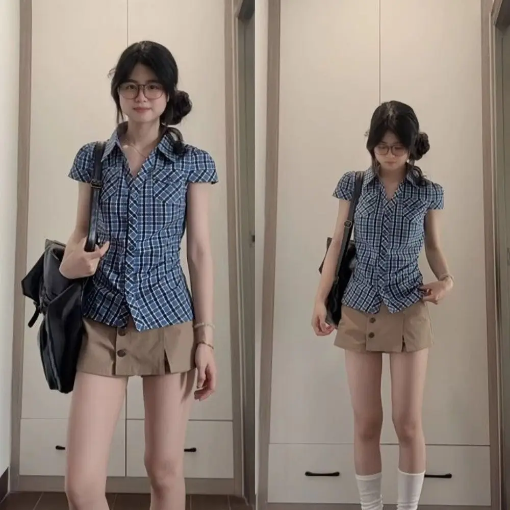 

Fashion Short Blue Grid Shirt Ruffle Korean Style Women Blue Grid Blouse Pink Streetwear Long Sleeve Tops Travel