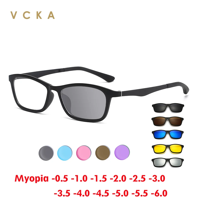 

VCKA Myopia Discoloration Glasses Frame Square Clip On Sunglasses Men Women Magnetic Eyewear Prescription Optical -0.5 TO -10