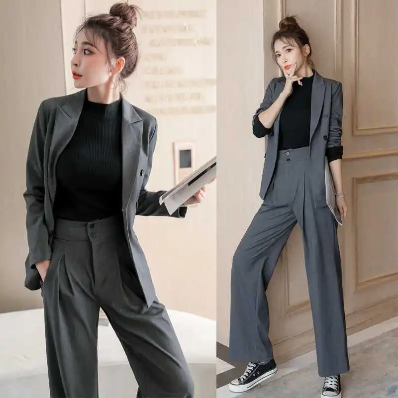 

Two Pieces Women Pant Sets Solid Matching Sets Button Pocket Lapel Collar Coat Empire Waist Wide Leg Pants 2026 Spring Autumn