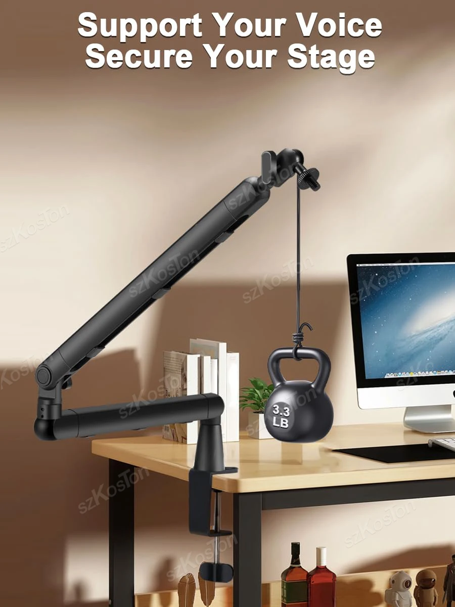 حامل ميكروفون منخفض المستوى مكتب قابل للتعديل بذراع ميكروفون الاستوديو مع عمود رفع قابل للفصل للتسجيل، Tiktok، البث المباشر