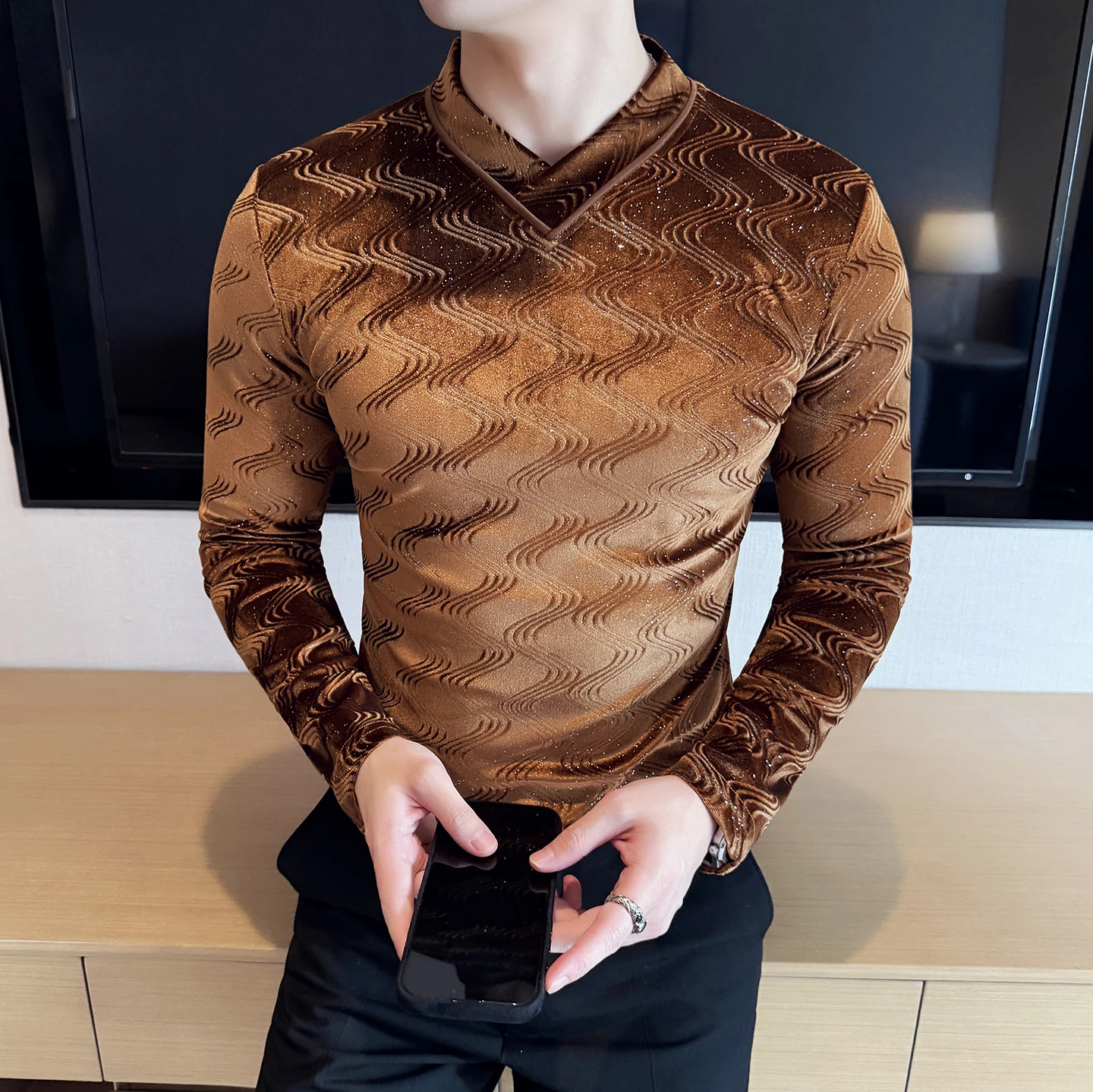 

Autumn Winter Wavy V-neck T-shirt Velvet Men's Long Sleeved Base Shirt Slim Fit Casual Business Tshirts Social Streetwear M-4XL